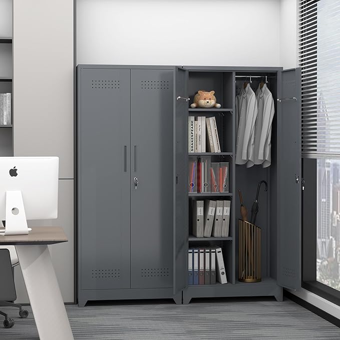 72.8" H Metal Garage Storage Cabinets, Metal Storage Cabinet with Hanging Rod & S-Hooks, Broom Closet Storage with Shelves, Functional Storage Cabinets for Garage, Warehouse, Grey