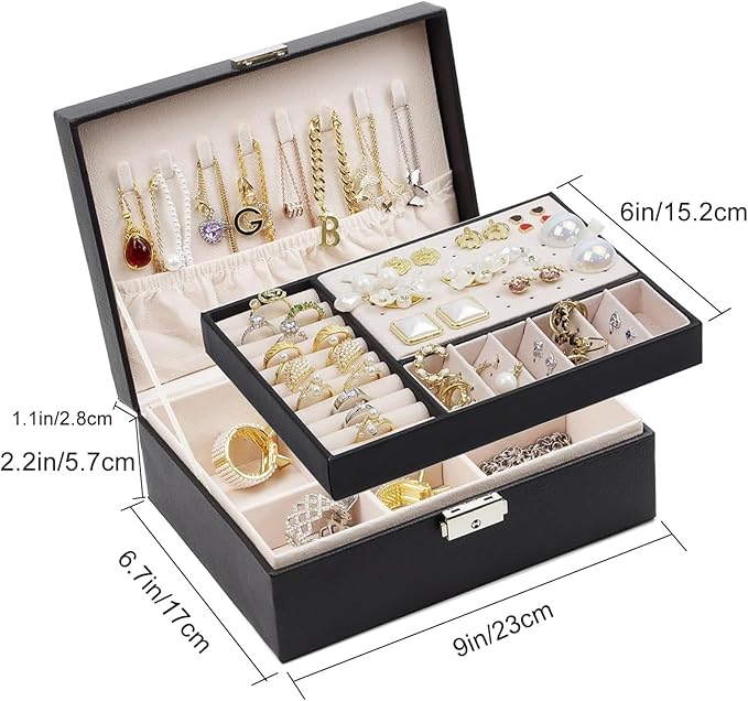 SYCARON Jewelry Box Organizer for Women, Jewelry Organizers 2 Layer Jewelry Storage Box PU Leather with Lock for Women Girls Rings Earrings Necklace Bracelets, Black
