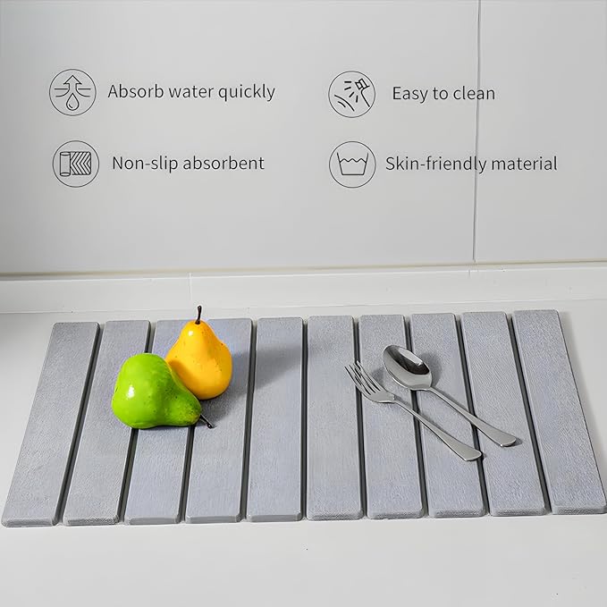 Large Stone Dish Drying Mat for Kitchen Counter,Absorbent Diatomaceous Earth Bath Mat Instant Drying Pad Foldable and Super Absorbent Mat for Dishes Cups Bottles,Grey 23*15.3in