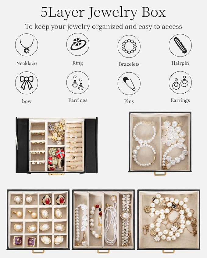TORIBIO Jewelry Box for Women, Leather Jewelry Organizer with Mirror & Lock, 5-Tier Jewelry Storage Organizer with 4 Drawers for Girls/Women/Mothers, Necklace Earring Bracelets Holder Organizer