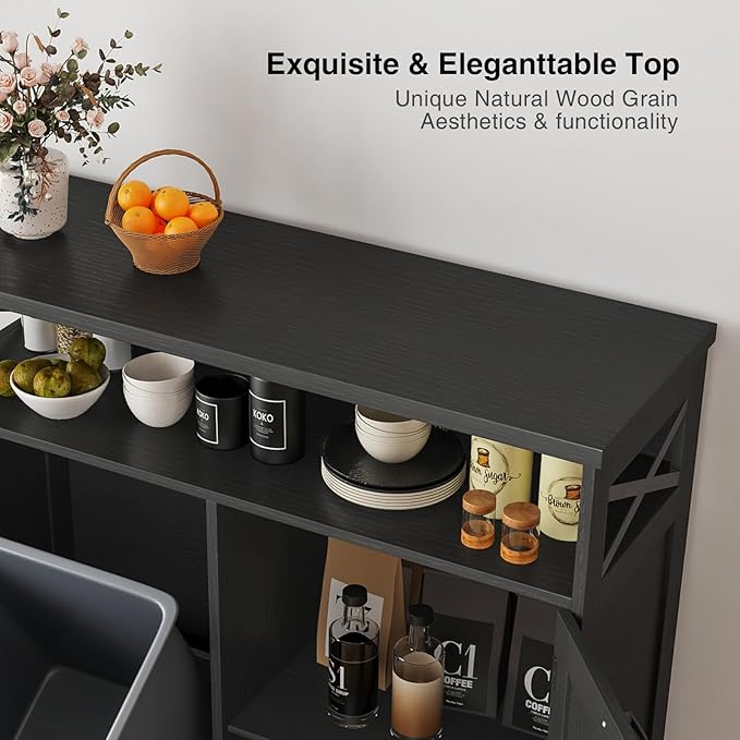 Tilt Out Trash Can Cabinet for 13 * 1 Gallon Trash Can, Farmhouse Kitchen Island Cabinet with Adjustable Shelf for Hidden Laundry Basket, Dog Proof Garbage Can for Dining Living Room, Black