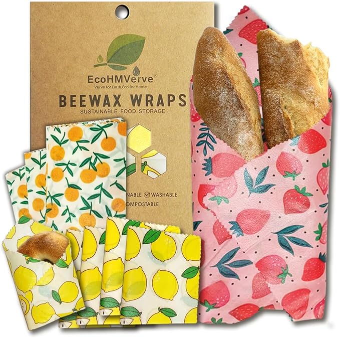 EcoHMVerve Beeswax Reusable Food Wraps for Bread & Sandwiches – Organic Cotton, Beeswax & Pine Resin Reusable Food Wrap with Multi-function brush– Eco-Friendly Kitchen Storage