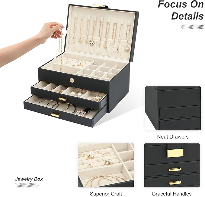Jewelry Holder Organizer, Leather Jewelry Set Box with 2 Drawers, Jewelry Storage Box for Women Girls(Black)