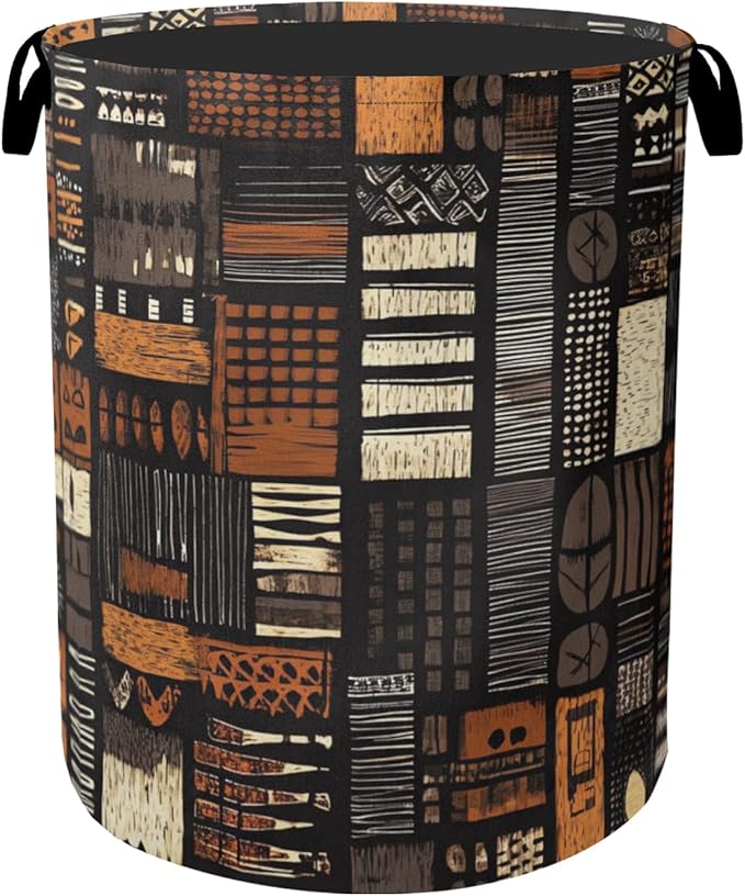 African Style Brown Orange Laundry Basket - Heavy Duty 60L Dirty Clothes Organizer, Water Resistant Foldable Hamper for Men Women