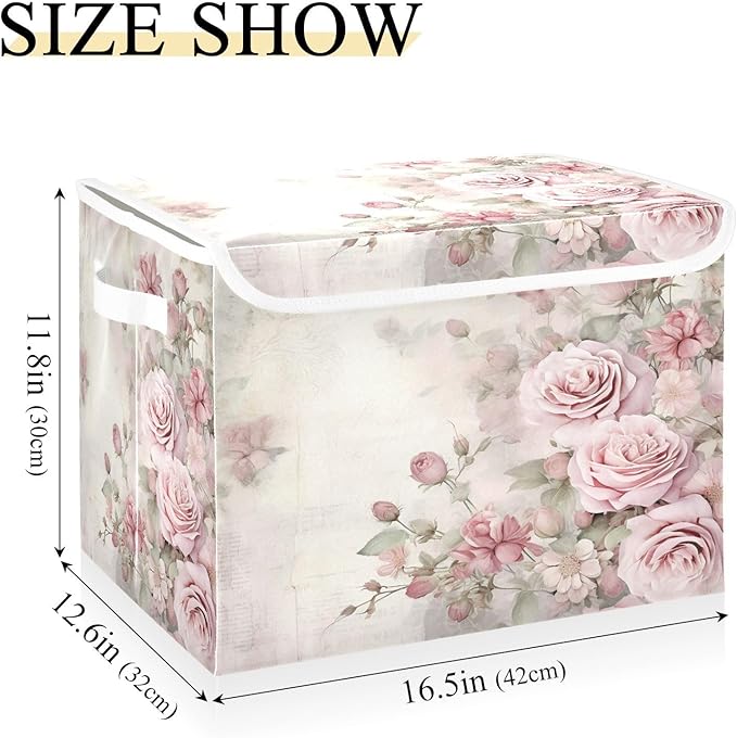 senya Flower Baskets Collapsible Storage Bins with Lids, Vintage Pink Rose Storage Boxes Clothes Baskets for Organizing, B06D22020