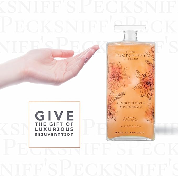 Pecksniff’s GingerFlower & Patchouli Foaming Bath Soak – Luxury Bubble Bath, 1L / 33.8 fl oz, Made in England
