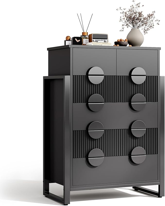 Fluted Dresser for Bedroom with 6 Drawers, 44.5" Tall Chest of Drawers with Raised H Legs and Curved Profile Design, Wood Closet Clothes Storage Organizer for Bedroom, Hallway, Black