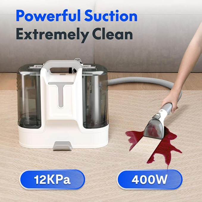 Portable Carpet Cleaner Machine, Upholstery Stain Remover for Pet Hair, Area Rugs, Cars, Strong Suction, White