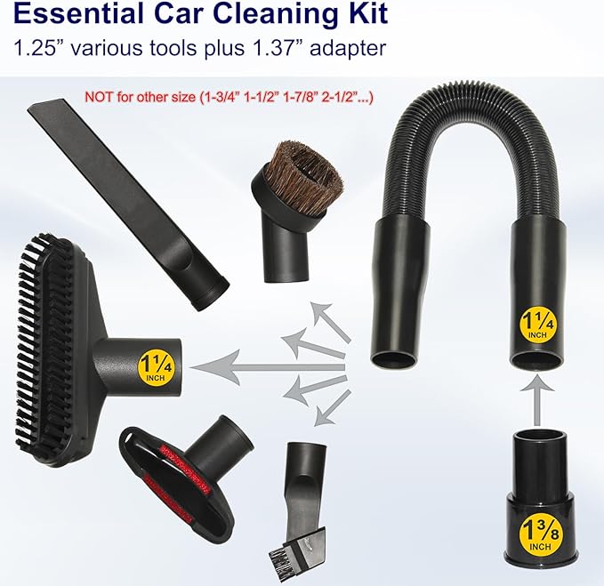 1 1/4" Car Details Kit with 1 3/8" Vac Hose Adapter, 1-1/4 Inch Universal Home Car Attachments Cleaning Tools and 1-3/8 Inch Adaptor as Shop Vac Miele Eureka Vacuum Cleaner Accessories