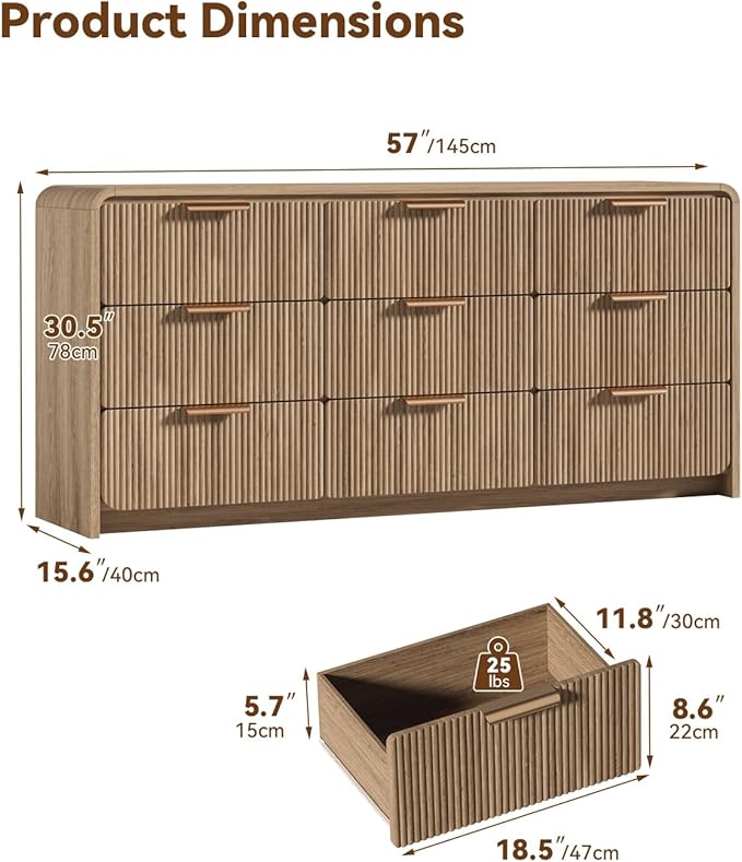 Fluted 9 Drawer Dresser for Bedroom, 57" Wide Chest of Drawers, Curved Profile Design, Wooden Dresser TV Stand for Living Room, Hallway, Walnut