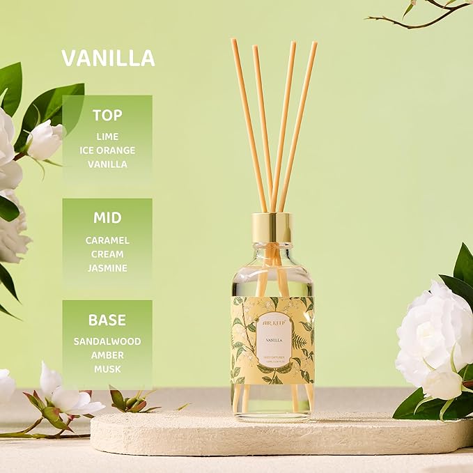 Airkeep Reed Diffuser Oil Set with Reed Sticks,Vanilla Aromatherapy Oil Scent Diffuser for Home Office Bathroom Decoration Perfume and Gifts 3.38 oz/100ml