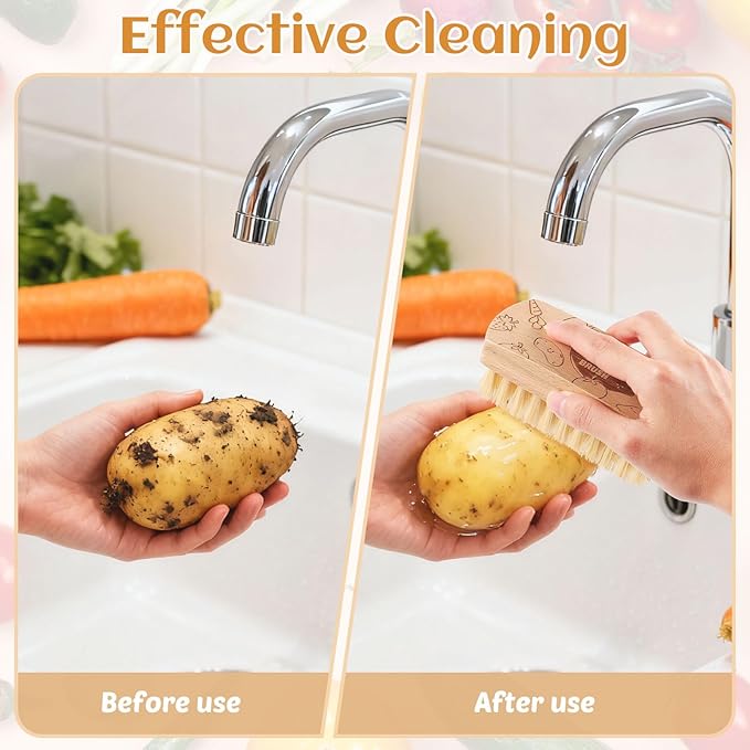 Vegetable and Fruit Cleaning Brush Scrubber Beechwood Handle Fruits Veggie Wash Brushes Potato Carrot Cucumber Mushrooms Washing Cleaner(Beige A, 1)