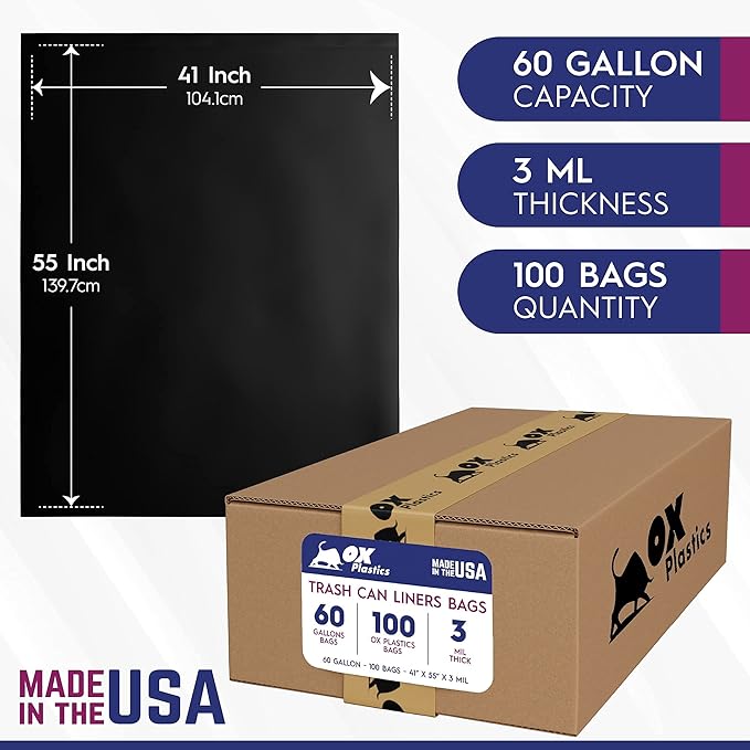 60 Gallon Trash Can Liners Bags - (100 Count) Capacity & 3mil Thick Extra Heavy Duty Strength - Large Garbage, Leak-Proof & Durable Bags Black