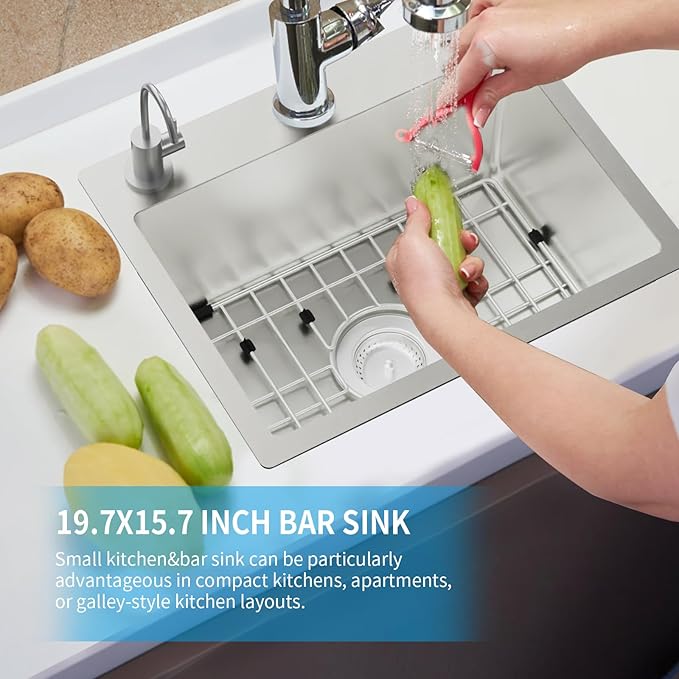 Kitchen & Bar Sink,19.7x15.7Inch Stainless Steel Drop In Small Kitchen&Bar Sink Ideal Choice For Small Space With Bottom Grid,Drain Basket And Drain Assembly Serve Both Kitchen&Bar