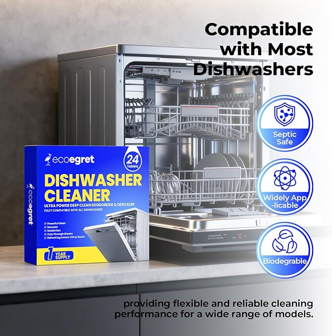 Dishwasher Cleaner Tablets (24 Count) - with Fresh Lemon Scent Dishwasher Cleaner and Deodorizer, Deep Cleans & Descales, Fits All Dishwashers, Septic Safe, 12 Month Supply