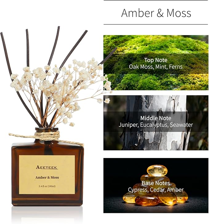 Reed Diffuser, Amber & Moss Essential Oil Diffuser with Dried Flowers, 3.4 oz Scented Oil Air Freshener, Handmade Home Decor, Long-Lasting Room Scent Fragrance for Office, Bathroom