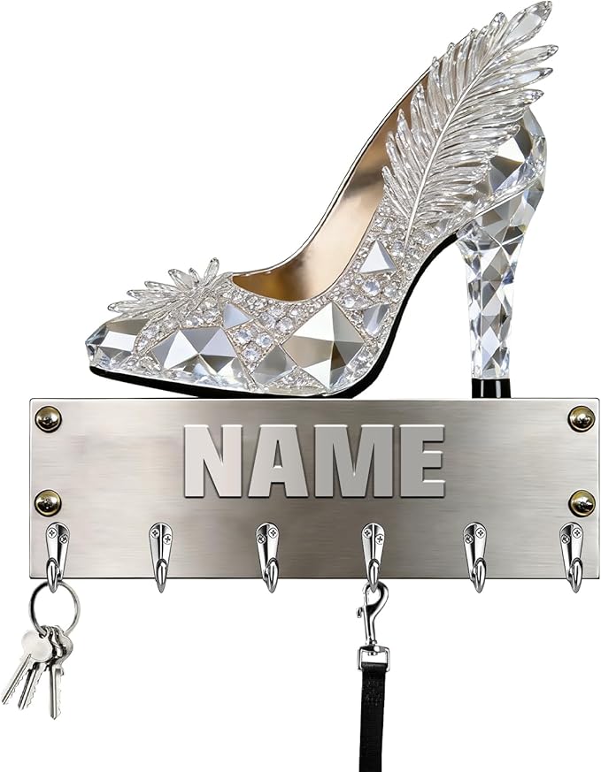 Personalized Wooden 2D Flat Print High-Heeled Shoe Wall Mounted Hook for Women Girl Family Friends Custom Name Key Storage Holder High-Heeled Shoe Coat Rack Home Dexor Gift for Living Room Hallway