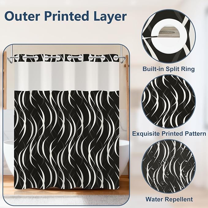No Hook Black and White Striped Shower Curtain with Liner, Abstract Modern Minimalist Geometric Decor Bathroom Curtains, Hotel Style Waterproof Fabric Shower Curtain with Top Sheer Window, 71x74 Inch
