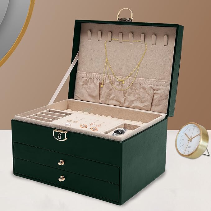 Jewelry Case 3 Layers Jewelry Organizer,Watch Box Earring Storage Box,Necklaces Holder Rings Organizer with Pull-Out Drawer,Lock,Green (Green)