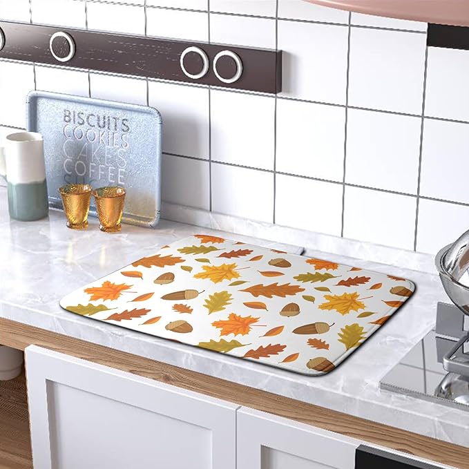 Kwlegh Fall Leaves Dish Drainer Mat - Absorbent Drying Mat for Counter - 18x24 Inch, Orange Maple Leaf Pattern