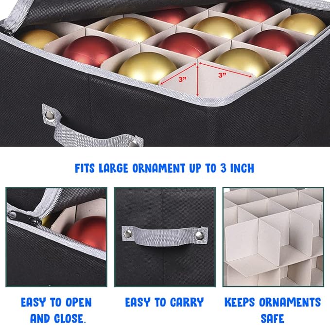 ProPik Christmas Ornament Storage Box, 4 Tier Holds Up to 64 Holiday Ornaments Decoration Balls, Storage Container with Dividers for 3” Bulbs, Made with Durable Oxford Polyester Material (Black)