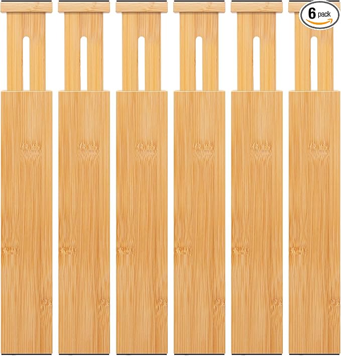 Aubeco 6 pcs Large Bamboo Drawer Dividers, Expandable 17"-22" Wooden Organizers for Kitchen, Office, Dresser, Bedroom, Clothes