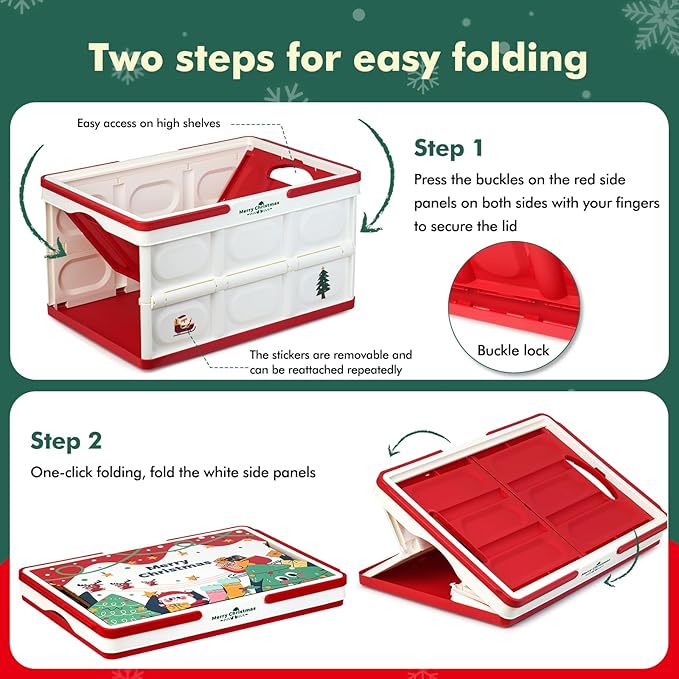 Christmas Storage Box 50L 2 Pack, Foldable Storage Box with Wood Lid & Handles, Includes Christmas Stickers for DIY, Multifunctional Wood Top for Holiday Decor, Gift, Fruit Cutting & Home Organization