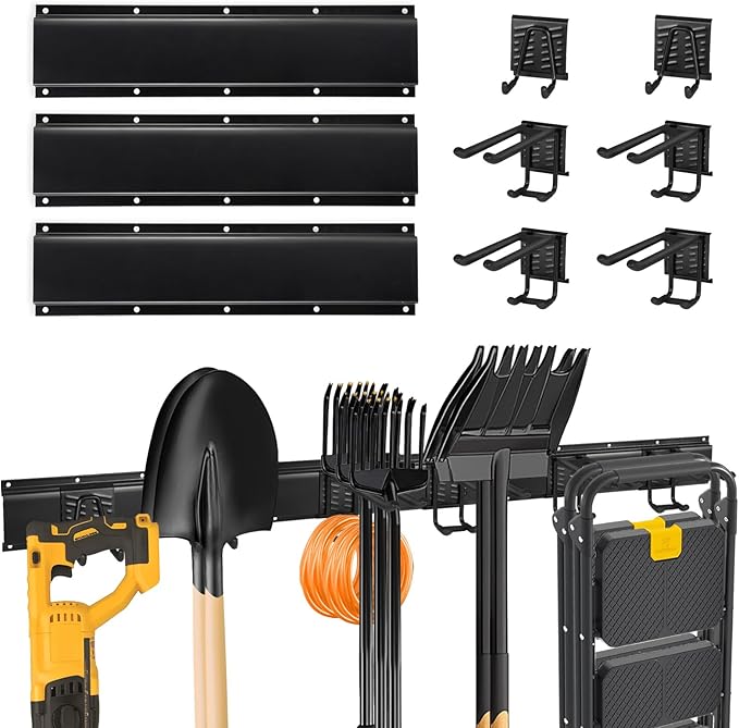 Garage Organization Garage Wall Organizer-Garage Tool Organizer Wall Mount 48in with Adjustable Metal Hooks,Max 440Lbs Yard Tool Organizer,Garden Tool Storage for Shovels Broom Folding Chair,Black