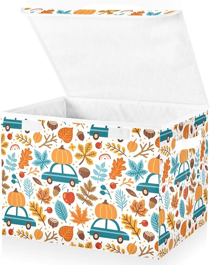 Thanksgiving Storage Baskets Collapsible Storage Bins with Lids, Thanksgiving Fall Maple Leaves Truck Pumpkins Storage Boxes Clothes Baskets for Organizing