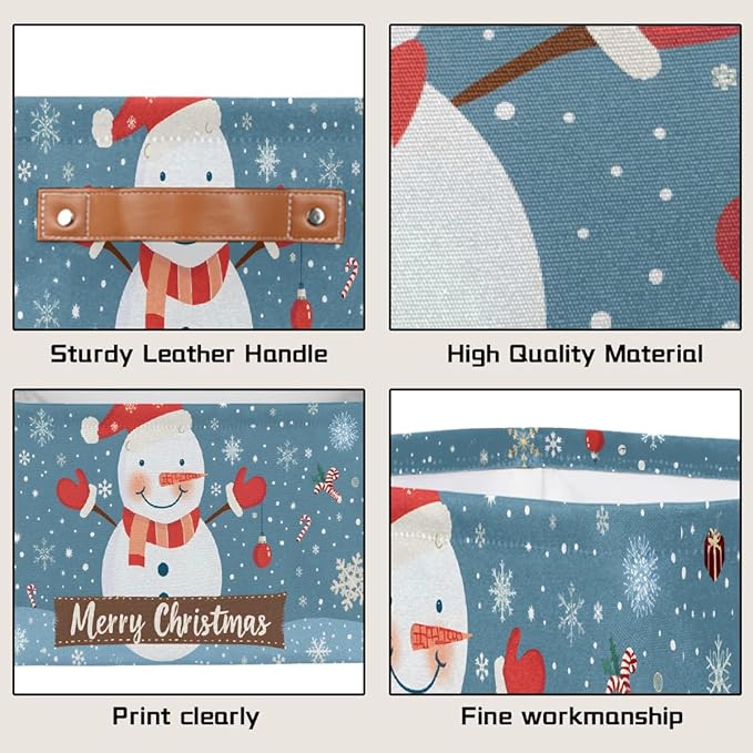 Storage Baskets Bin, Christmas Winter Snowman Collapsible Canvas Fabric Storage Bin Decorative Baskets Toy Organizer Rectangle Storage Boxes with Handles for Home Shelves Nursery, J-025