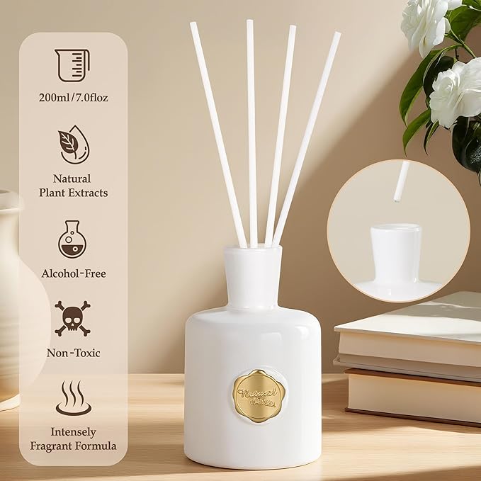 XEPTLE Reed Diffuser Set, 7.04 oz Creamy Gardenia Scent Diffuser with 5 Sticks, Long Lasting Air Freshener, Essential Oil Reed Diffuser, Home Fragrance for Office, Bathroom Shelf Decor, White