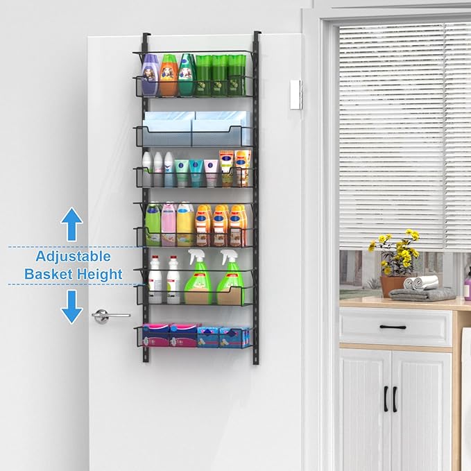VyGrow Over the Door Pantry Organizer, 6-Tier Over the Door Organizer with Adjustable Basket, Pantry Door Organization for Pantry Kitchen Storage Room Spice Rack, Black
