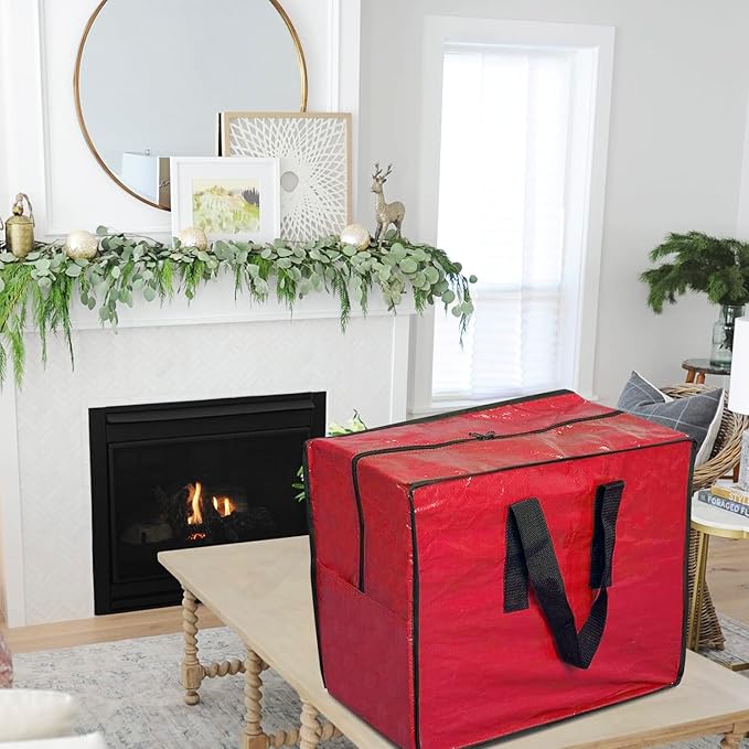 ProPik Christmas Ornaments Storage, Holiday Accessories Bag Tear-Proof Tarp 18 X 10 X 15 with Handles and Full Length Zipper (Red)
