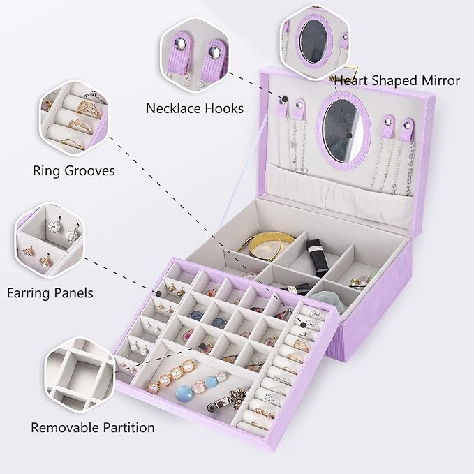 Dajasan Girl's Jewelry Box, Jewelry Organizer Box with Mirror, Velvet Jewelry Box for Little Girls Kids, Jewelry Gift Box for Christmas, Birthday, New Year (Purple)