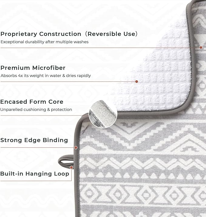 FRESHMINT Printed Dish Drying Mats for Kitchen Counter 2 Pack Absorbent Reversible Drying Mats Microfiber Kitchen Countertop Protector Dishes Drying Pad Extra Large 18"x16" Dish Mat