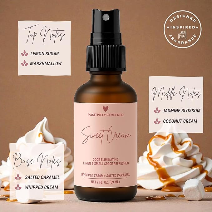Sweet Cream Luxury Small Space Air & Linen Freshener Spray - Whipped Cream + Salted Caramel - Designer-Inspired Home Fragrance - Non Toxic Odor Eliminator - 2 oz Travel Size Room Spray