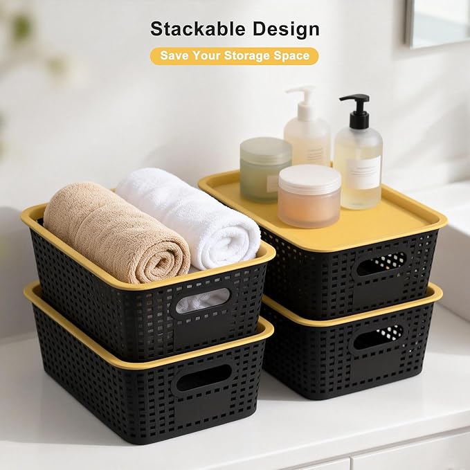 AREYZIN Small Plastic Storage Bins with Lids, 6-Pack Stackable Pantry Organizers and Storage Containers for Shelves, Closet Organization, Drawer Organizer Bins, Black & yellow lids