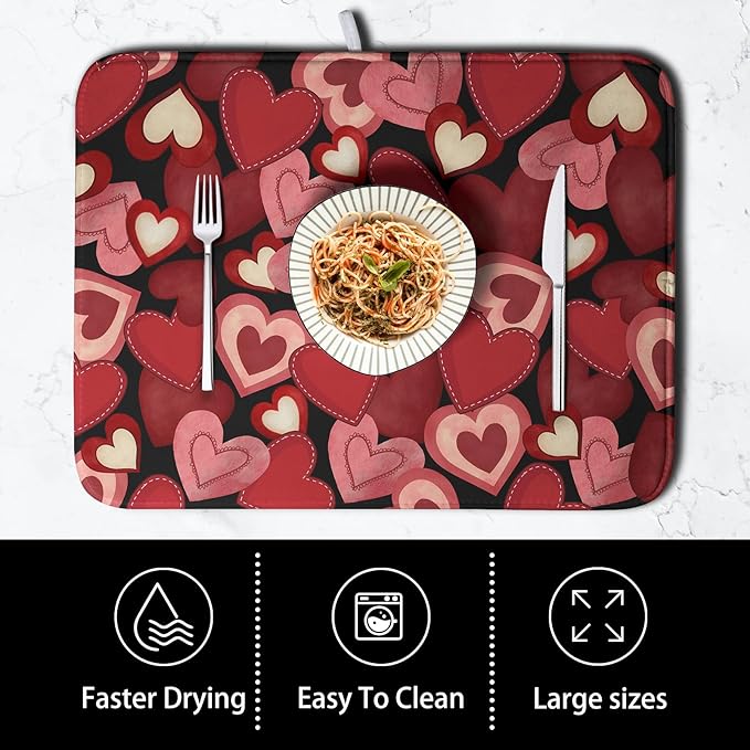 Kwlegh Valentine Dish Drying Mat for Kitchen Counter Red Black Love Heart Drying Pad Microfiber Absorbent Coffee Bar Mat Heat Resistant Countertop Protector Dishes Drainer Mat 16x18 Inch