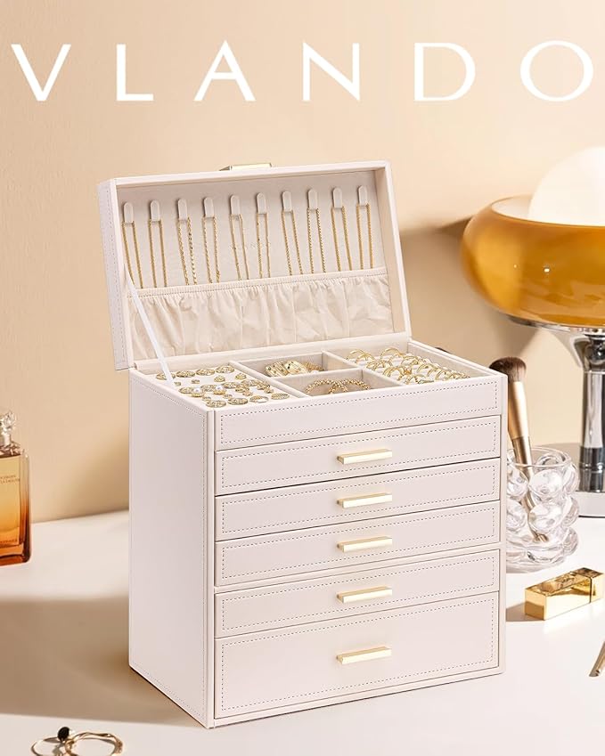 Vlando Jewelry Box Organizer,Large Jewelry Storage for 5 Drawn,PU Leather Jewelry Boxes for Women,Earring Necklace Rings Watch Display Boxes,Wedding Birthday Gift Apricot White