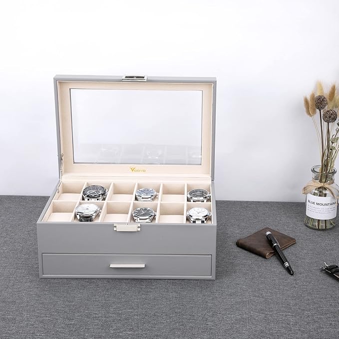 Voova Jewelry Box Watch Boxes Organizer for Men Women, 2 Layer Large 12 Slot PU Leather Watch Storage Case, Glass Top Jewelry Display Holder for Watches Sunglasses Rings Necklaces Bracelets,Grey