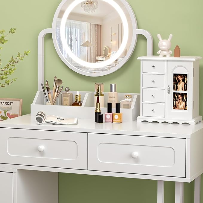VINGLI Jewelry Box with Photo Frame, White Jewelry Organizer for Women, Arched Wooden Keepsake Case with 4 Drawers, Rotating Necklace Hooks & Velvet Lining, Vintage Gift for Girls Bedroom