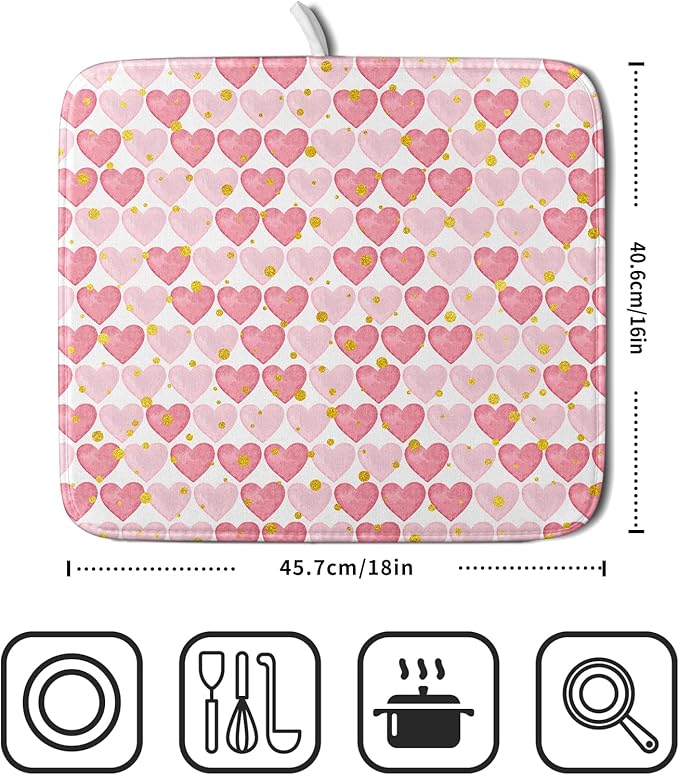 Valentines Day Dish Drying Mat for Kitchen Counter 18x16 Inch Love Drying Mat with Absorbent Reversible Microfiber Golden Pink Heart Dish Drainer Mats Rack Pad for Coffee Countertop Protector