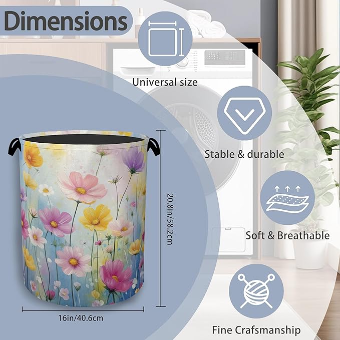 Retro Flowers Floral Laundry Hamper,Dirty Clothes Laundry Basket with Handles Waterproof Oxford Cloth Storage Basket for College Dorms Bathroom Bedroom 16" x 20.8"