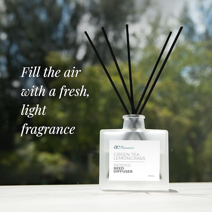 Air Esscentials Frosted Green Tea Lemongrass Reed Diffuser Set - Decorative Fragrance Diffuser & Oil for Bathroom & Home | Long-Lasting Aroma | Natural Scent Sticks | Essential Oils, Botanicals| 100mL