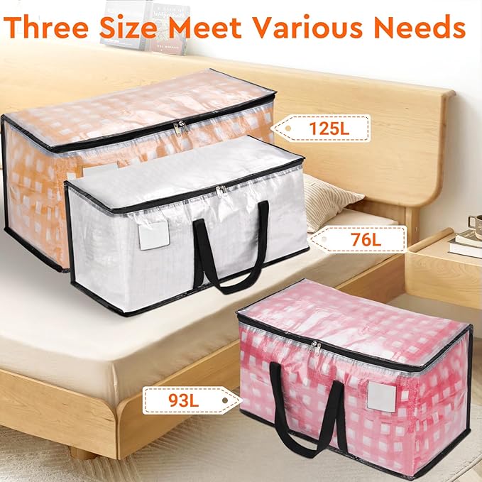 BlissTotes Moving Bags, 6-Pack Storage Bags, Moving Bags Heavy Duty Extra Large, Moving Totes, Clear moving Bags, Reinforced Handles & Tag Pocket (125L)