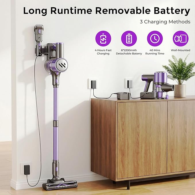 MBTTODF Cordless Vacuum Cleaner,Vacuum Cleaner for Home with Brushless Motor,Lightweight Stick Vacuum with Self-Standing and Touch Screen,Hardwood Floor Vacuum for Pet Hair,Carpets,Tile(Purple)