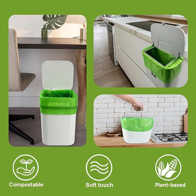 TERRACOR 1.3 to 1.6 Gallon Compostable Trash Bags, 35 Count Green Compost Bags for Countertop Bin, Food Waste, Dispenser Packs Organic Biodegradable Bags BPI Certified Meet ASTM D6400 Standard