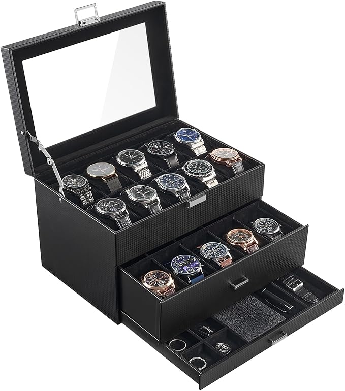 ProCase 20 Slot Watch Box for Men, 3-Layer Watch Display Case with Glass Lid, Watch Holder with Drawer, Jewelry Storage Organizer for Watches Straps Rings -AllBlack