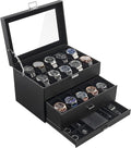 ProCase 20 Slot Watch Box for Men, 3-Layer Watch Display Case with Glass Lid, Watch Holder with Drawer, Jewelry Storage Organizer for Watches Straps Rings -AllBlack