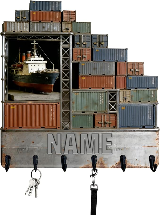 Personalized Wooden 2D Flat Print Container Ship Themed Wall Hooks for Living Room Hallway Office Custom Name Container Crane Coat Rack Port Transportation Key Storage Holder for Women Men Friends